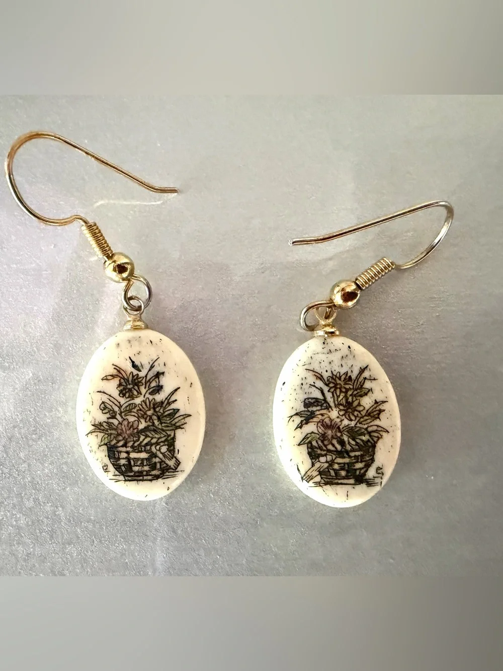 Vintage Genuine Bone Scrimshaw Etched Folk Art, Basket of Flowers” Earrings